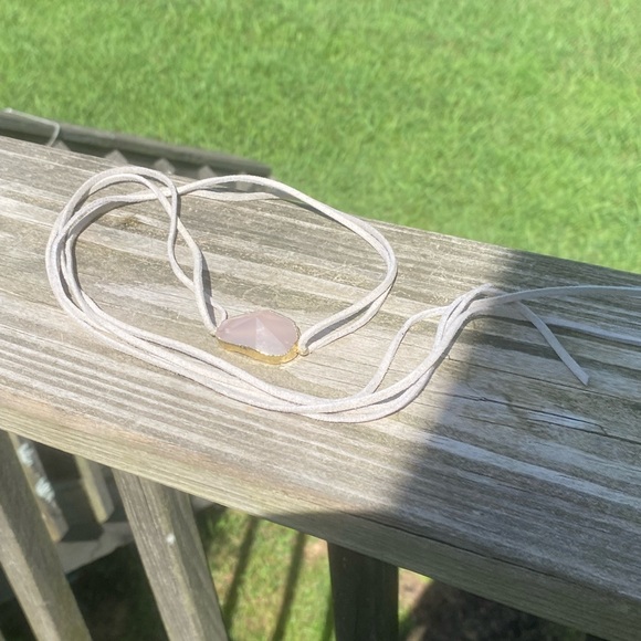 Gold dipped Rose Quartz choker necklace gray leather adjustable ties - Picture 11 of 11